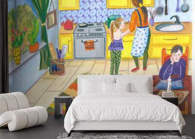 Family in the kitchen illustration Wall mural