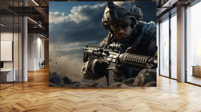 Sniper. Soldier with a rifle. A warrior or a soldier in the war. An armed man fighting and shooting. Sniper in the camouflage. War concept.  Wall mural