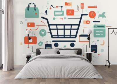 Stylized illustration of shopping cart surrounded by shopping-related icons and symbols in vibrant colors Wall mural