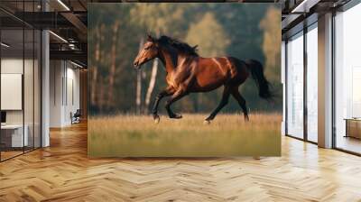 The bay horse gallops on the grass. Breed horse running quickly or jumping high. Bay horse in the movement with forest at the background. Wall mural