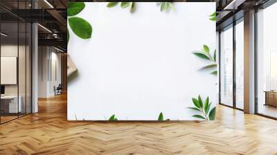 top view, frame of plant leaves. Copy space for text. White background.  For Mother's, Father's, Grandma's Day, birthday,  wedding, teacher's, back to school, valentine, card, cover, invitation Wall mural