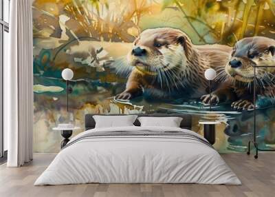 Two Otters Resting in a River on a Sunny Day Wall mural