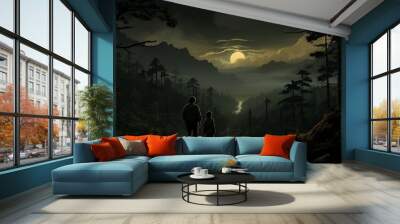 Two people look at a dark forest and full moon. Dark spooky forest. People lost in the scary forest. Wall mural