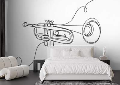 Vector continuous one single line drawing of music trumpet in silhouette on a white background. Linear stylized. Wall mural