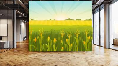 Vector illustration of a summer field. A field of corn. Beautiful landscape of rural nature. Wall mural