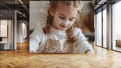 vertical image, little child baking cookies. closeup view of hands kneading dough. lifestyle image. Interior background, for Christmas, Children's Day Wall mural