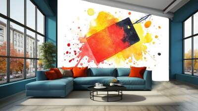 Vibrant watercolor art featuring an abstract tag suspended above colorful splashes, creating a dynamic visual composition Wall mural