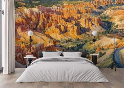 Vivid orange rock formations in Bryce Canyon National Park during late afternoon sunlight illuminating the canyon's beauty Wall mural