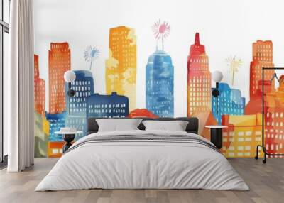 Watercolor Illustration of City Skyline With Fireworks at Night Wall mural