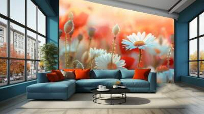 White Daisies and Red Poppies Blooming in a Field at Sunset Wall mural