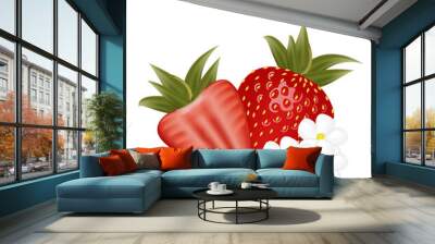 Whole strawberry and sliced half strawberry with flowers.For sticker and t shirt design, posters, logos, labels, banners, stickers, product packaging design, etc. Vector illustration Wall mural