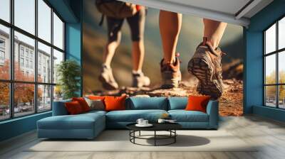 close-up of the legs of men and women in sports shoes for sports and travel walking along a forest path in the mountains in summer. perspective with an emphasis on hiking shoes. active lifestyle Wall mural