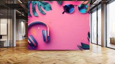 colorful summer background concept summer music party with headphones sunglasses and tropical leaves copy space. banner with space for text horizontal Wall mural