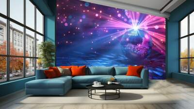 Disco ball with rays on purple background with copy space. Dance party. mirror ball reflections, night club stage lights and party. Glowing reflecting ball for entertainment, sparkling effect lighting Wall mural