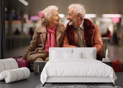 Happy modern luxury elderly senior couple of travelers with suitcase in airport. elegant aged man and woman waiting to board a flight together at international airport. Travel abroad. Wall mural