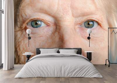 Sad blue gray eyes of an elderly woman looking at camera, extreme close up shot. vision and concept of older people banner Wall mural