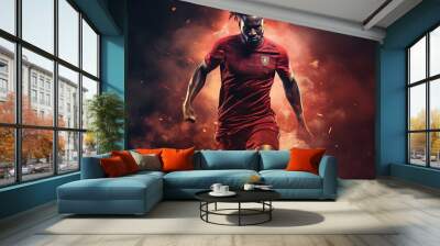 Young sporty athletic african man wearing in red sport clothes, soccer football player in action on dark fire background. Concept of sport, game, action. Copy space for ad. Modern design background Wall mural