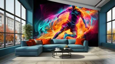 Young sporty athletic man wearing in red sport clothes, soccer football player in action on dark neon background. Concept of sport, game, action. Copy space for ad. Modern design background Wall mural