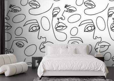 Abstract one line seamless pattern. Continuous Outline background with female faces. Modern Woman aesthetic contour. Fashion print. Surreal texture. Wall mural