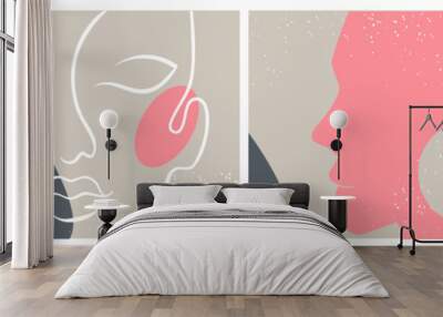 Abstract set with Woman face, silhouette, floral elements one line drawing. Wall mural