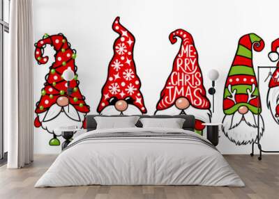 Christmas Gnomes vector set. Christmas quotes. Cute elf isolated on white. Wall mural