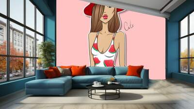 Fashion illustration.Vector girl.Sketch model. Beauty face Wall mural