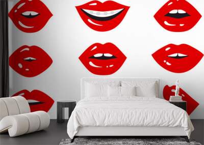 Red Lips Vector Set. Smile Kiss Sexy Mouth. Beauty Female Woman Illustration Wall mural