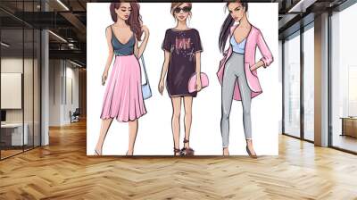 Stylish girl in fashion clothes. Hand drawn beautiful girl. Wall mural