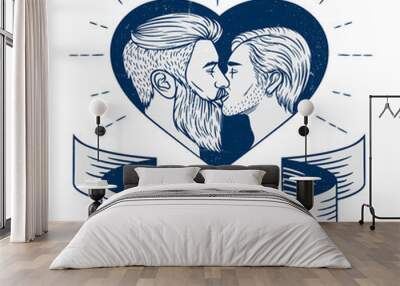 Black and white vector illustration with grunge texture. Vector banner a homosexual couple is kissing. Two young men kissing each other inside the heart shape frame with typing 