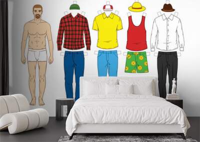 Fashionable modern set of clothes for men. Modern clothing ,casual hipster style for men. Hand drawn stylish outfit for young men. Men's paper doll with clothes Wall mural