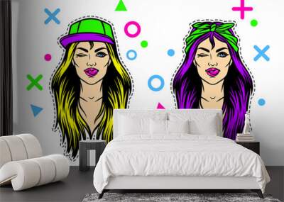 Set of two teenage girl in 90s style with open mouth and showing tongue. Colorful print of  young girl face from 90s Wall mural