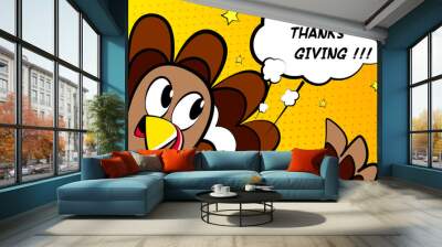 Happy Thanksgiving vector card with cartoon turkey. Comics style. Wall mural