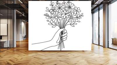 Continuous line drawing of hand holding flower bouqet, Vector illustration Wall mural