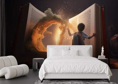 A child with an open magic book explores the world around him Wall mural