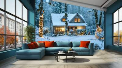 A cozy cottage illuminated with warm lights in a snowy forest during winter Wall mural