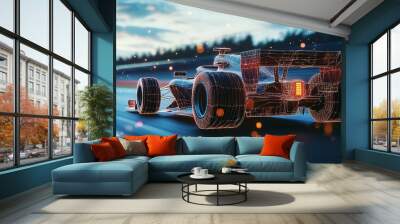 A futuristic race car in motion on a dynamic track at sunset Wall mural