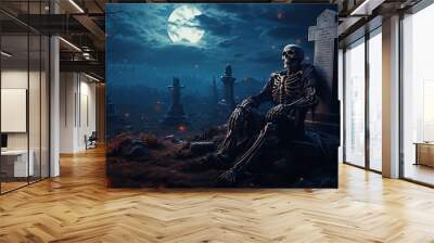 a skeleton sits in a cemetery at night Wall mural