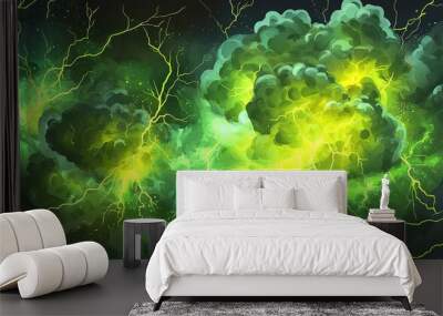 A vibrant green storm cloud illuminated by flashes of lightning during a tempestuous night sky Wall mural