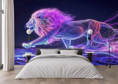 Bright neon lion in dynamic motion - digital art illustration Wall mural