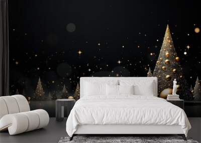 Christmas tree. Golden Christmas tree as a symbol of a happy New Year, Christmas celebration. golden light decoration. Bright shiny design. Wall mural