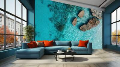 Clear turquoise waters and rocky coastline along the beach at mid-afternoon in a tropical paradise Wall mural