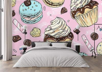 Colorful cupcakes and assorted sweets create a delightful dessert pattern against a pink background Wall mural