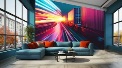 Colorful night view of freight train moving past shipping containers illuminated by bright lights in a dynamic urban environment Wall mural