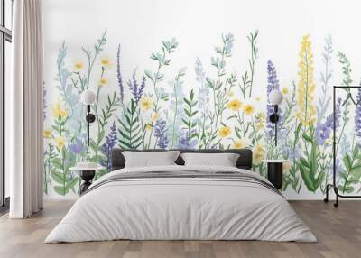 Colorful wildflowers in a vibrant spring meadow showcasing various species under bright sunlight Wall mural