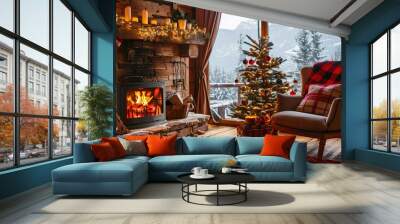 Cozy winter cabin with a decorated Christmas tree and a warm fireplace in the mountains Wall mural