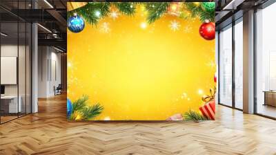 Decorative Christmas border with colorful ornaments, gifts, and festive elements on a bright yellow background Wall mural