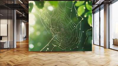 Delicate spider web adorned with dewdrops, illuminated by soft sunlight in a lush green forest during morning hours Wall mural