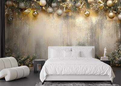 Festive background adorned with gold and silver ornaments, greenery, and a soft glow, ideal for holiday greeting cards and celebrations Wall mural