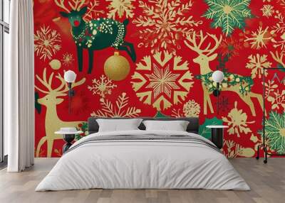 Festive holiday wrapping paper featuring colorful reindeer and snowflakes, ideal for Christmas celebrations and gift-giving moments Wall mural