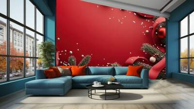 Festive red background adorned with Christmas decorations and greenery for holiday celebrations and events Wall mural